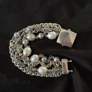 Michael Dawkins 4-Strand Grey and White Pearl Sterling Silver Bracelet, 7 inch